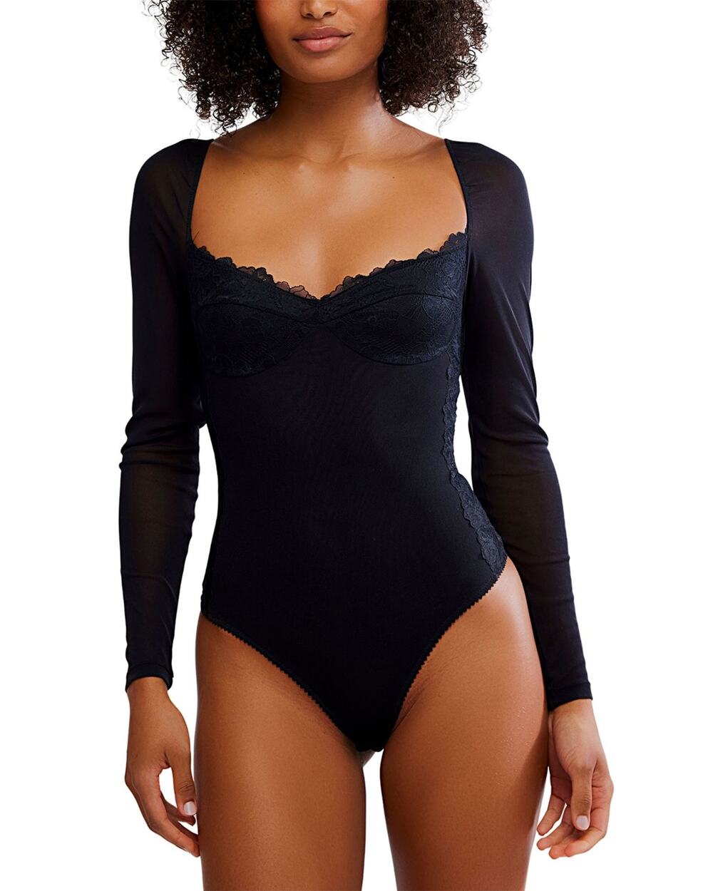 Free People Women's M Black Suddenly Fine Lace Trim Bodysuit Whimsigoth C27-3
